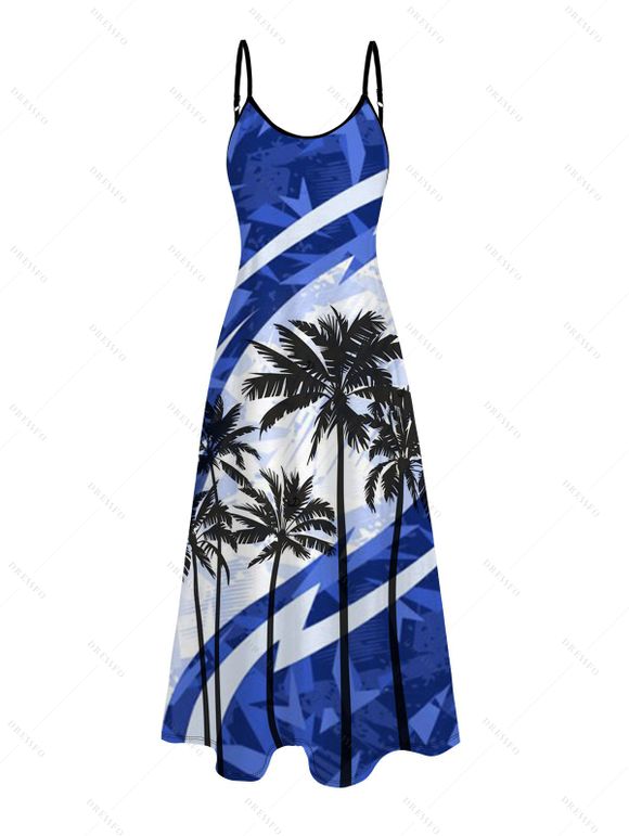 Vacation Couple Outfit Coconut Tree Pattern Colorblock Long Dress and Shirt Set - Bleu S | US 4