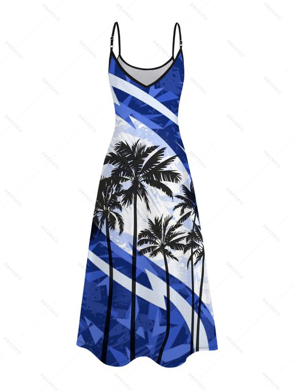Vacation Couple Outfit Coconut Tree Pattern Colorblock Long Dress and Shirt Set - Bleu S | US 4