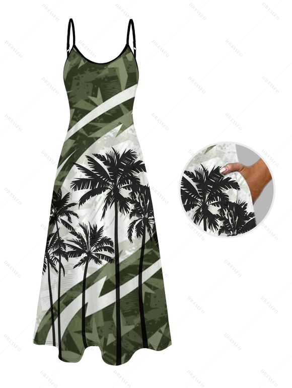 Vacation Couple Outfit Coconut Tree Pattern Colorblock Long Dress and Shirt Set - Vert Armée S | US 4