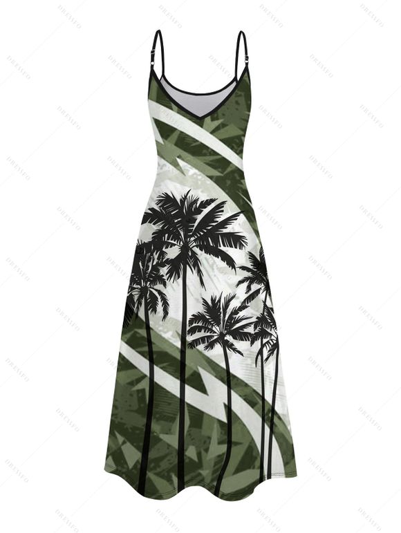 Vacation Couple Outfit Coconut Tree Pattern Colorblock Long Dress and Shirt Set - Vert Armée S | US 4