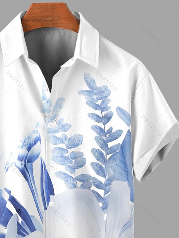 Chemise de vacances pour homme, imprimé fleurs et feuilles, à boutons - Bleu Ciel 5XL