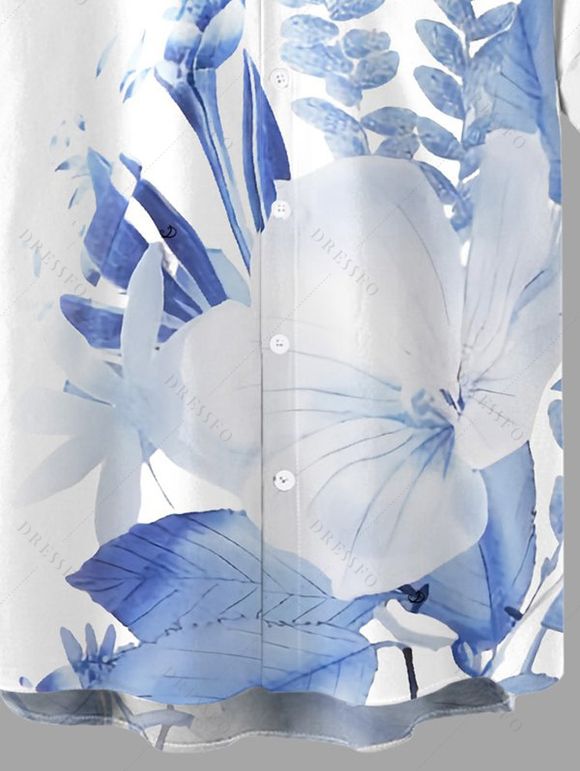 Chemise de vacances pour homme, imprimé fleurs et feuilles, à boutons - Bleu Ciel 5XL