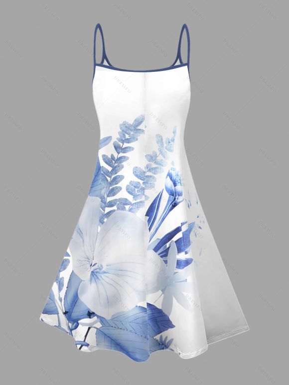 Robe de vacances à imprimé floral et feuilles, mini-robe à bretelles spaghetti - Bleu Ciel XXXXXL | US 20