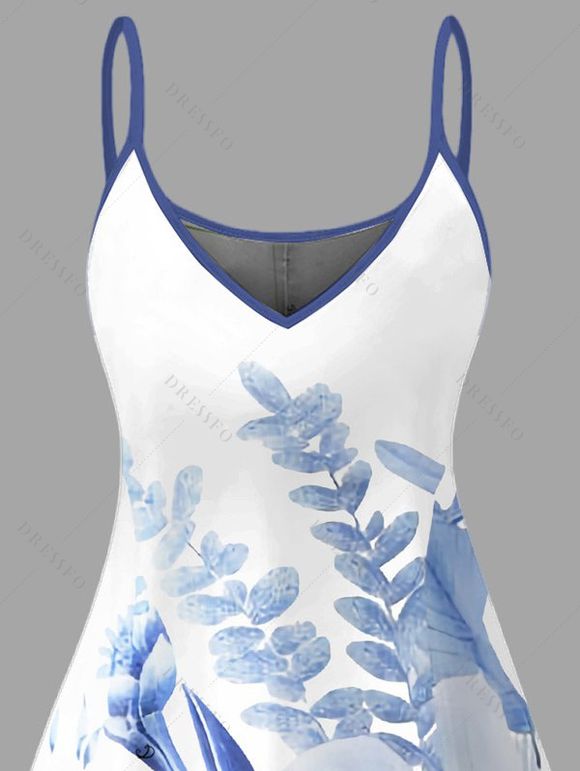 Robe de vacances à imprimé floral et feuilles, mini-robe à bretelles spaghetti - Bleu Ciel XXXXXL | US 20