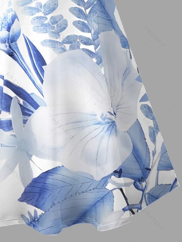Robe de vacances à imprimé floral et feuilles, mini-robe à bretelles spaghetti - Bleu Ciel XXXXXL | US 20
