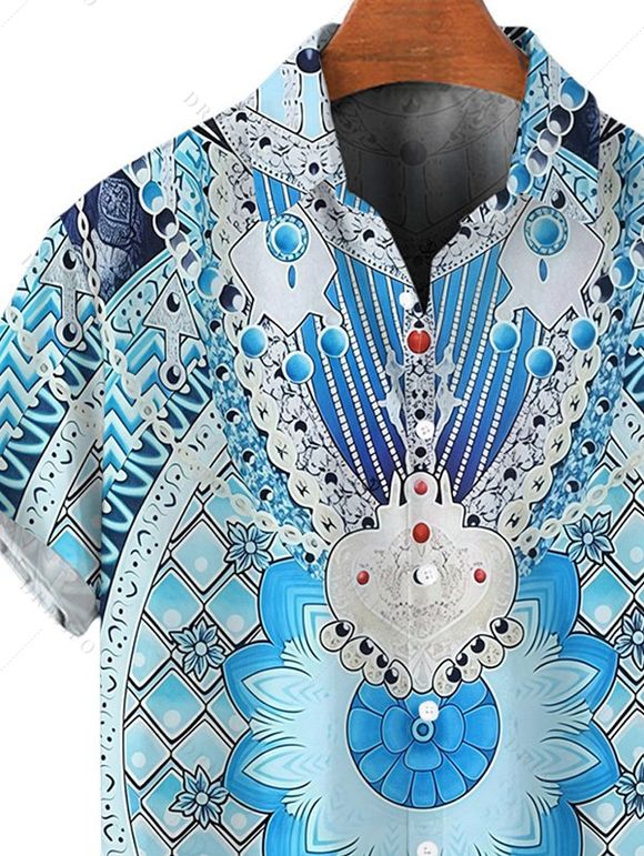 Chemise bohème pour homme, imprimé ethnique géométrique, boutonnée - Bleu Toile de Jean 5XL