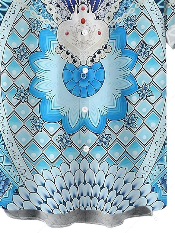 Chemise bohème pour homme, imprimé ethnique géométrique, boutonnée - Bleu Toile de Jean 5XL