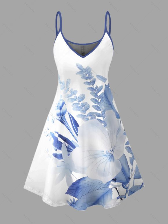 Vacation Couple Outfit Flower Leaf Print Spaghetti Strap Dress and Shirt Set - Bleu Ciel S | US 4