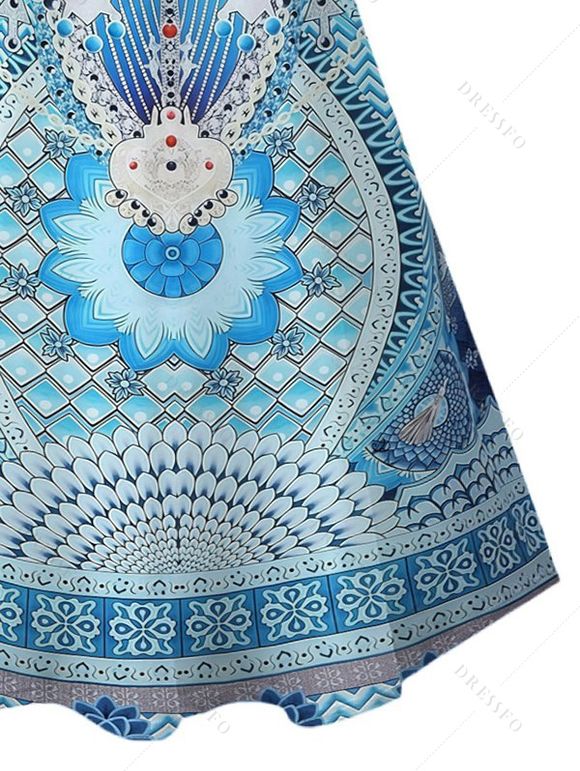 Robe bohème à imprimé géométrique ethnique et mini-robe à bretelles spaghetti - Bleu Toile de Jean XXXXXL | US 20