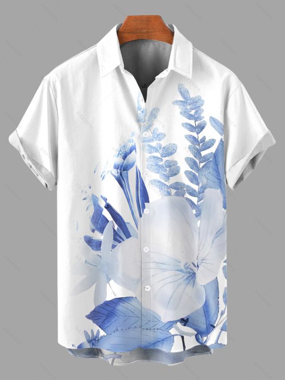 Vacation Couple Outfit Flower Leaf Print Spaghetti Strap Dress and Shirt Set - Bleu Ciel S | US 4