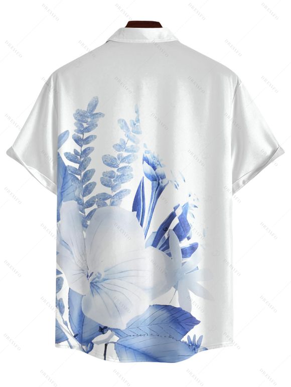 Vacation Couple Outfit Flower Leaf Print Spaghetti Strap Dress and Shirt Set - Bleu Ciel S | US 4