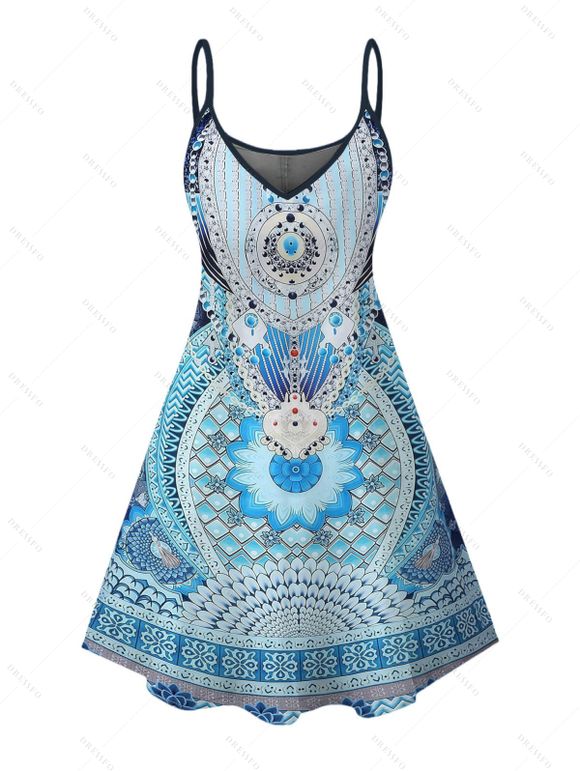 Bohemian Couple Outfit Geometric Ethnic Print Spaghetti Strap Dress and Shirt Set - Bleu Toile de Jean S | US 4