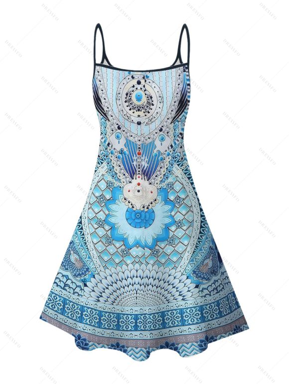 Bohemian Couple Outfit Geometric Ethnic Print Spaghetti Strap Dress and Shirt Set - Bleu Toile de Jean S | US 4