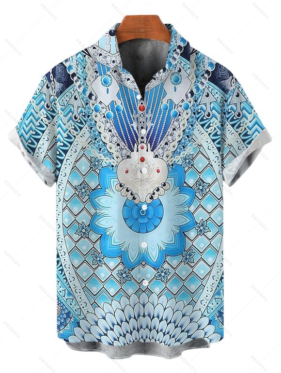 Bohemian Couple Outfit Geometric Ethnic Print Spaghetti Strap Dress and Shirt Set - Bleu Toile de Jean S | US 4