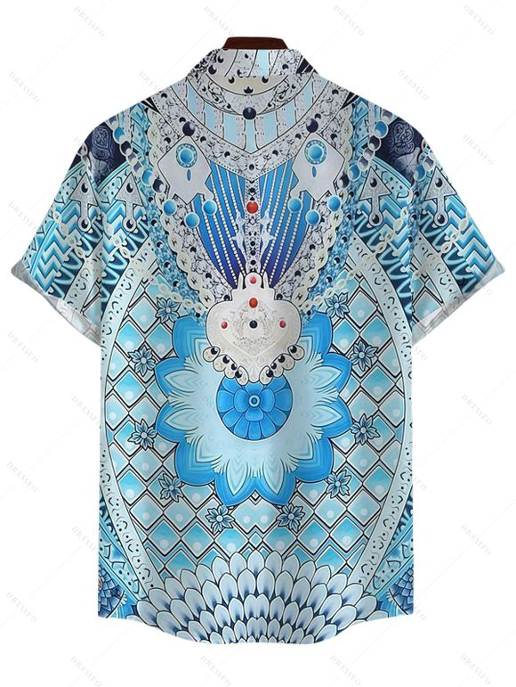 Bohemian Couple Outfit Geometric Ethnic Print Spaghetti Strap Dress and Shirt Set - Bleu Toile de Jean S | US 4