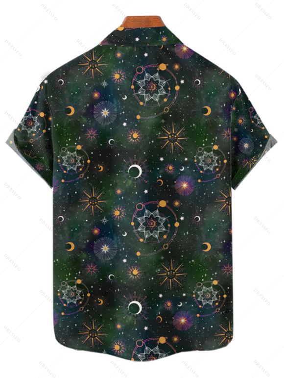 Chemise homme à manches retroussées, imprimé galaxie soleil étoiles lune, chemise décontractée à manches courtes boutonnée - Vert Armée L