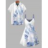 Vacation Couple Outfit Hibiscus Flower Leaf Print Spaghetti Strap Dress and Shirt Set - Bleu Ciel S | US 4
