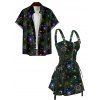Galaxy Sun Star Print Women's Half Zipper Lace Up Dress and Men's Button Up Shirt Outfit - Vert Armée S | US 4