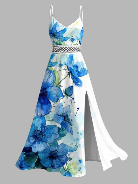 Robe de vacances style éclaboussures d'encre, imprimé floral et feuilles, dentelle ajourée et fendue