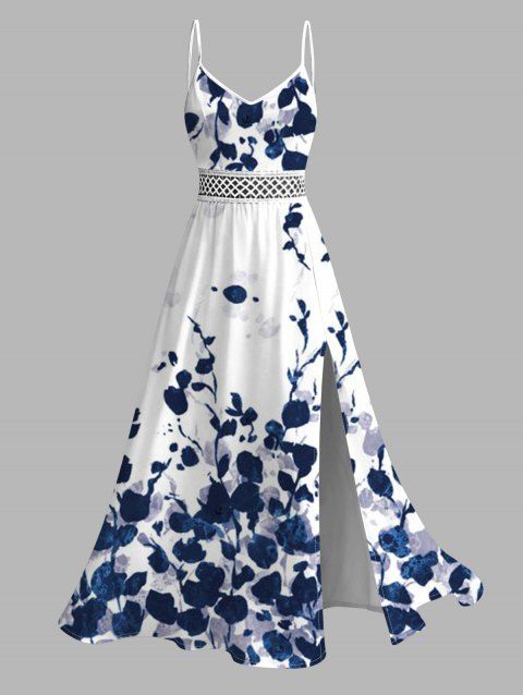 Robe de vacances en dentelle ajourée fendue, imprimé floral abstrait