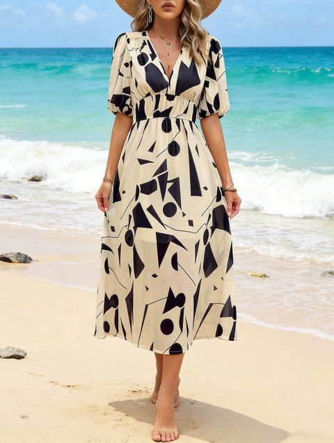 Robe de vacances à imprimé géométrique, décolleté plongeant et manches bouffantes, robe midi