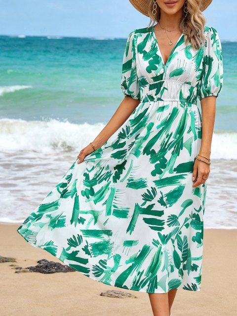 Robe de vacances imprimée à décolleté plongeant et manches bouffantes, robe midi