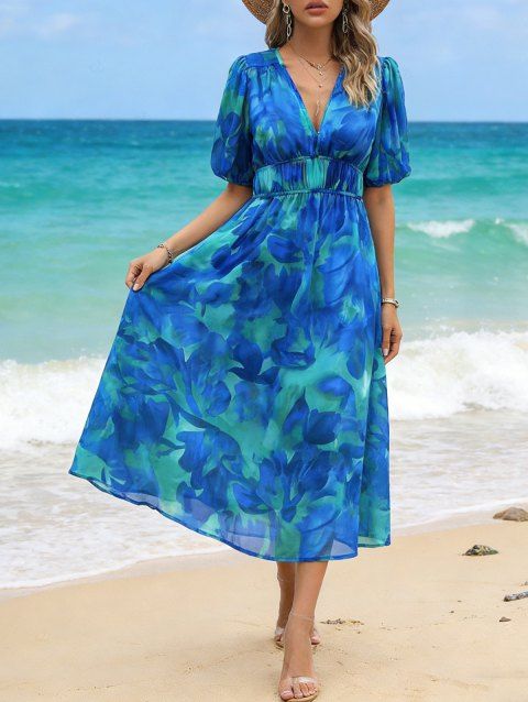 Robe de vacances imprimée à décolleté plongeant et manches bouffantes, robe midi