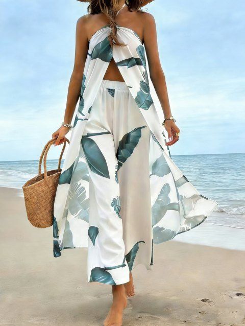 Ensemble de vacances imprimé tropical composé d'un haut dos nu à fente extra-longue et d'un pantalon droit