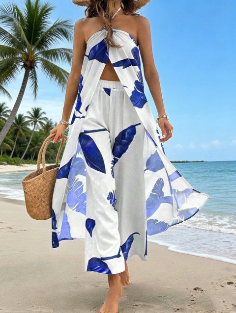 Ensemble de vacances imprimé tropical composé d'un haut dos nu à fente extra-longue et d'un pantalon droit