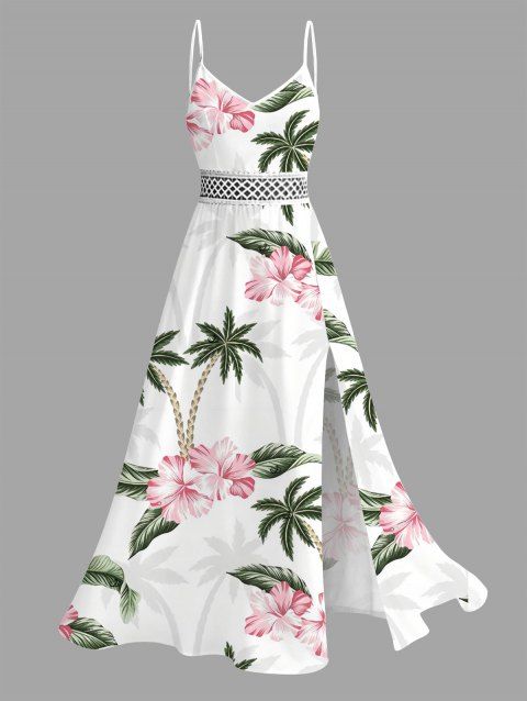 Robe de vacances imprimée de fleurs de cocotier, en dentelle ajourée et fendue