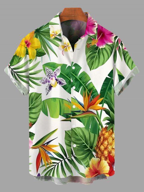 Chemise de vacances pour homme, imprimé feuilles tropicales, fleurs et ananas, à boutons