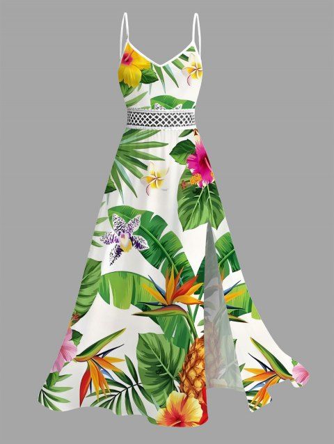 Robe de vacances à imprimé feuilles tropicales, fleurs et ananas, en dentelle ajourée et fendue
