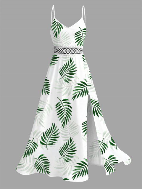 Robe de vacances imprimée de feuilles tropicales, en dentelle ajourée et fendue