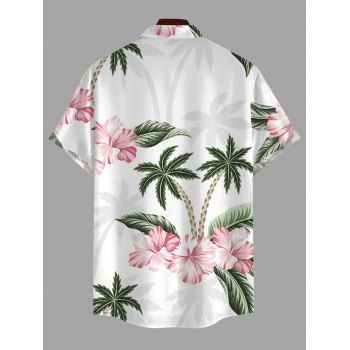 Vacation Couple Outfit Coconut Tree Flower Print Lace Hollow Out Slit Dress and Shirt Set