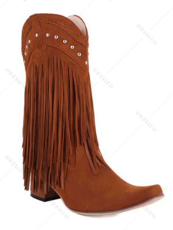 Solid Color Rivet Boots Pointed Toe Chunky Heels Tassel Boots - Brun EU 41