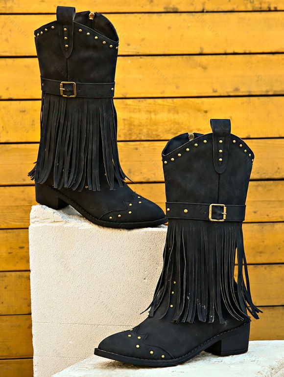 Solid Color Boots Tassel Rivet Pointed Toe Side Zipper Boots - Noir EU 43