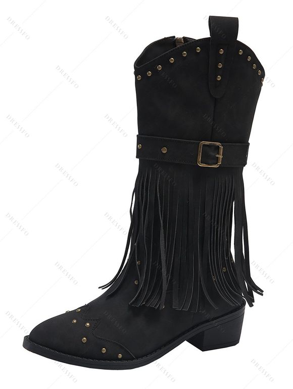 Solid Color Boots Tassel Rivet Pointed Toe Side Zipper Boots - Noir EU 43