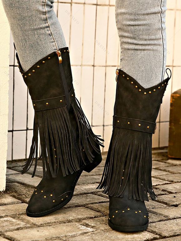 Solid Color Boots Tassel Rivet Pointed Toe Side Zipper Boots - Noir EU 43