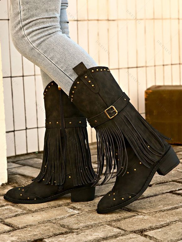 Solid Color Boots Tassel Rivet Pointed Toe Side Zipper Boots - Noir EU 43