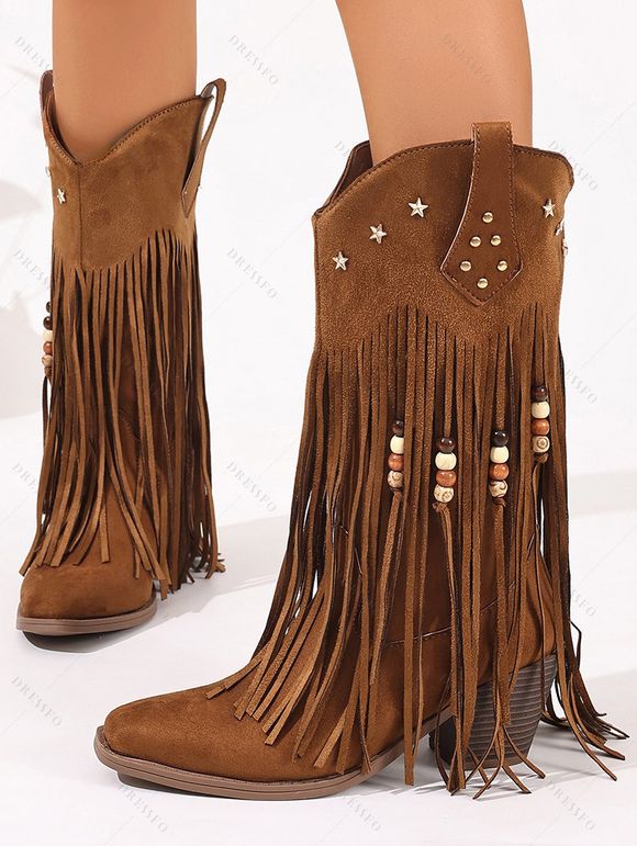 Solid Color Beaded Tassel Boots Star Rivet Pointed Toe Chunky Heels Boots - Brun EU 42