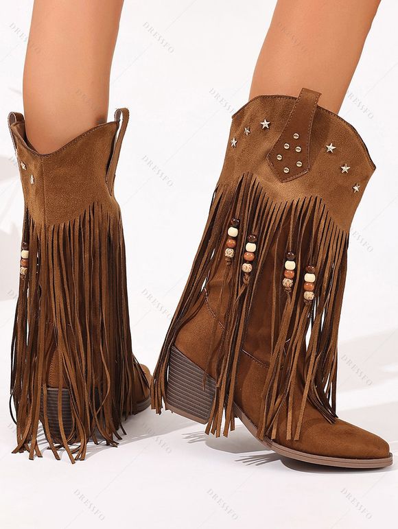 Solid Color Beaded Tassel Boots Star Rivet Pointed Toe Chunky Heels Boots - Brun EU 42
