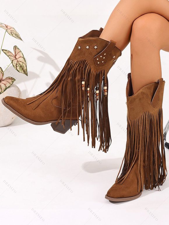 Solid Color Beaded Tassel Boots Star Rivet Pointed Toe Chunky Heels Boots - Brun EU 42