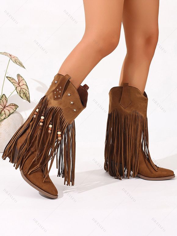 Solid Color Beaded Tassel Boots Star Rivet Pointed Toe Chunky Heels Boots - Brun EU 42
