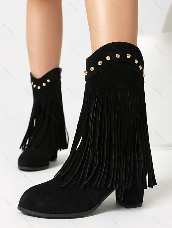 Tassel Boots Solid Color Rivet Zip Up Pointed Toe Chunky Heels Boots - Noir EU 41