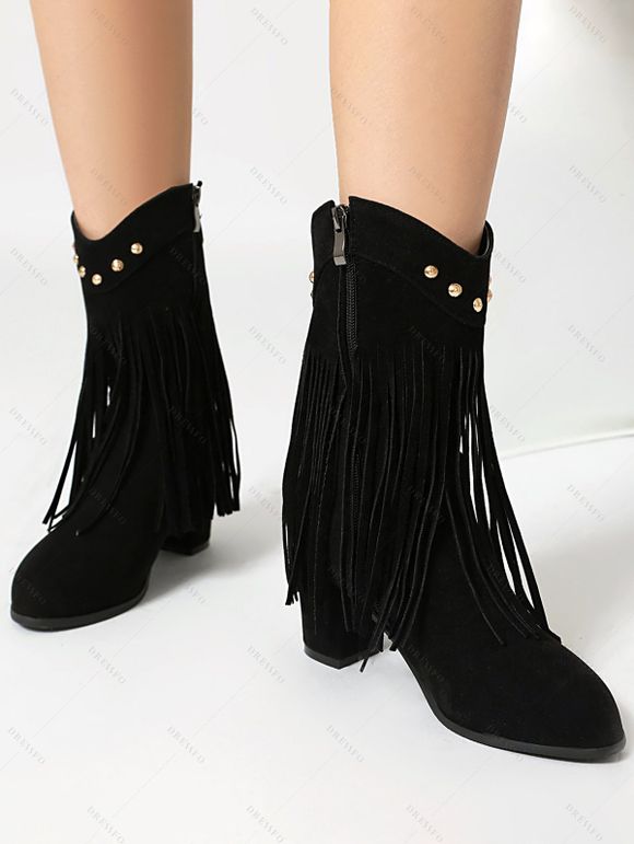 Tassel Boots Solid Color Rivet Zip Up Pointed Toe Chunky Heels Boots - Noir EU 41
