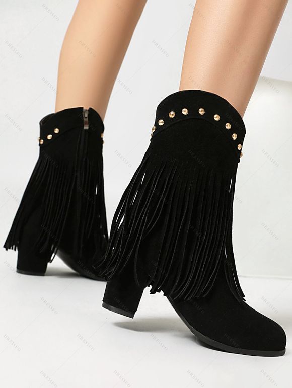 Tassel Boots Solid Color Rivet Zip Up Pointed Toe Chunky Heels Boots - Noir EU 41