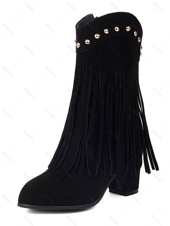 Tassel Boots Solid Color Rivet Zip Up Pointed Toe Chunky Heels Boots - Noir EU 41
