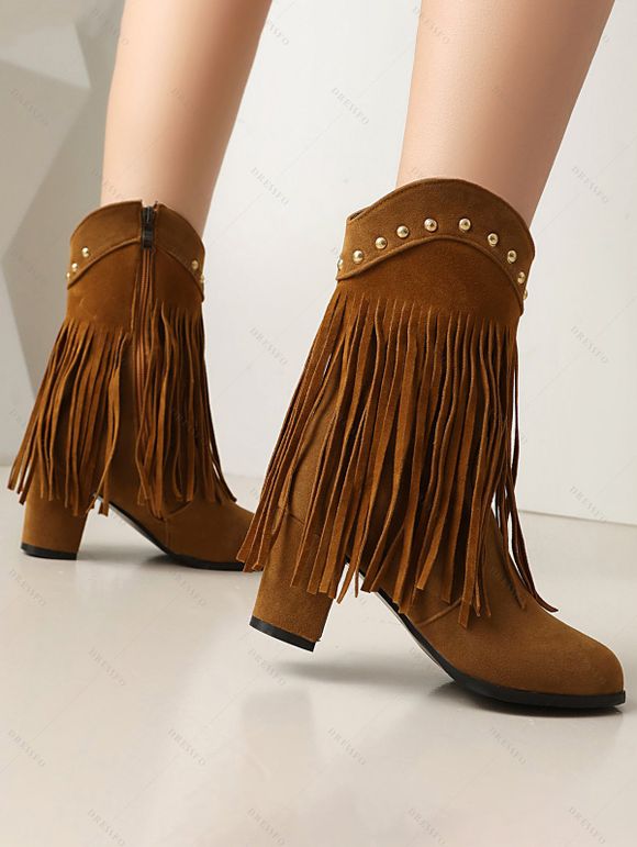 Tassel Boots Solid Color Rivet Zip Up Pointed Toe Chunky Heels Boots - Brun EU 43