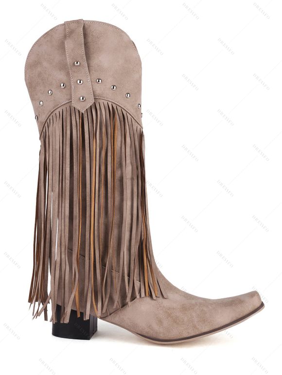 Rivet Tassel Pointed Toe Boots Solid Color Slip On Pointed Toe Boots - Brun Légère EU 41