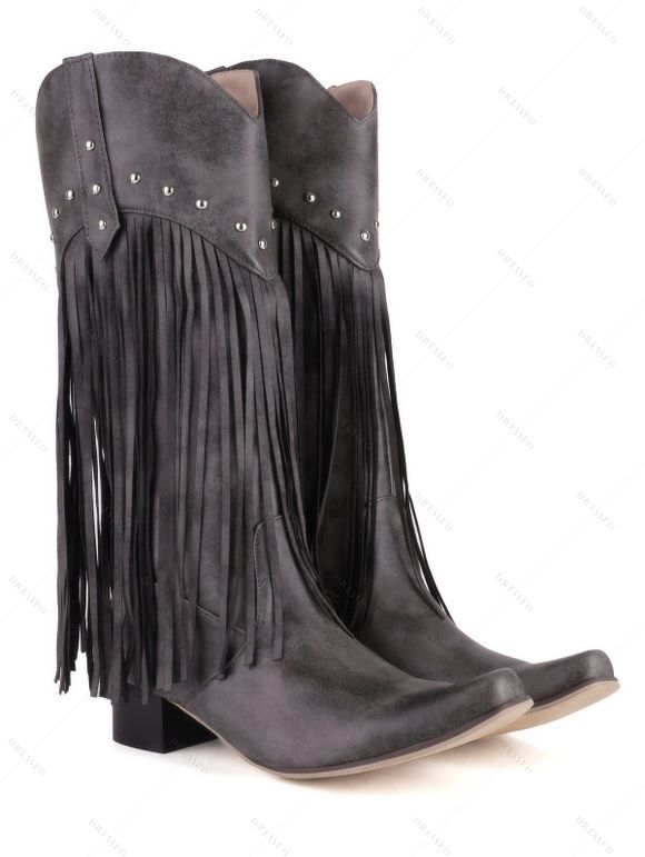 Rivet Tassel Pointed Toe Boots Solid Color Slip On Pointed Toe Boots - Gris EU 43